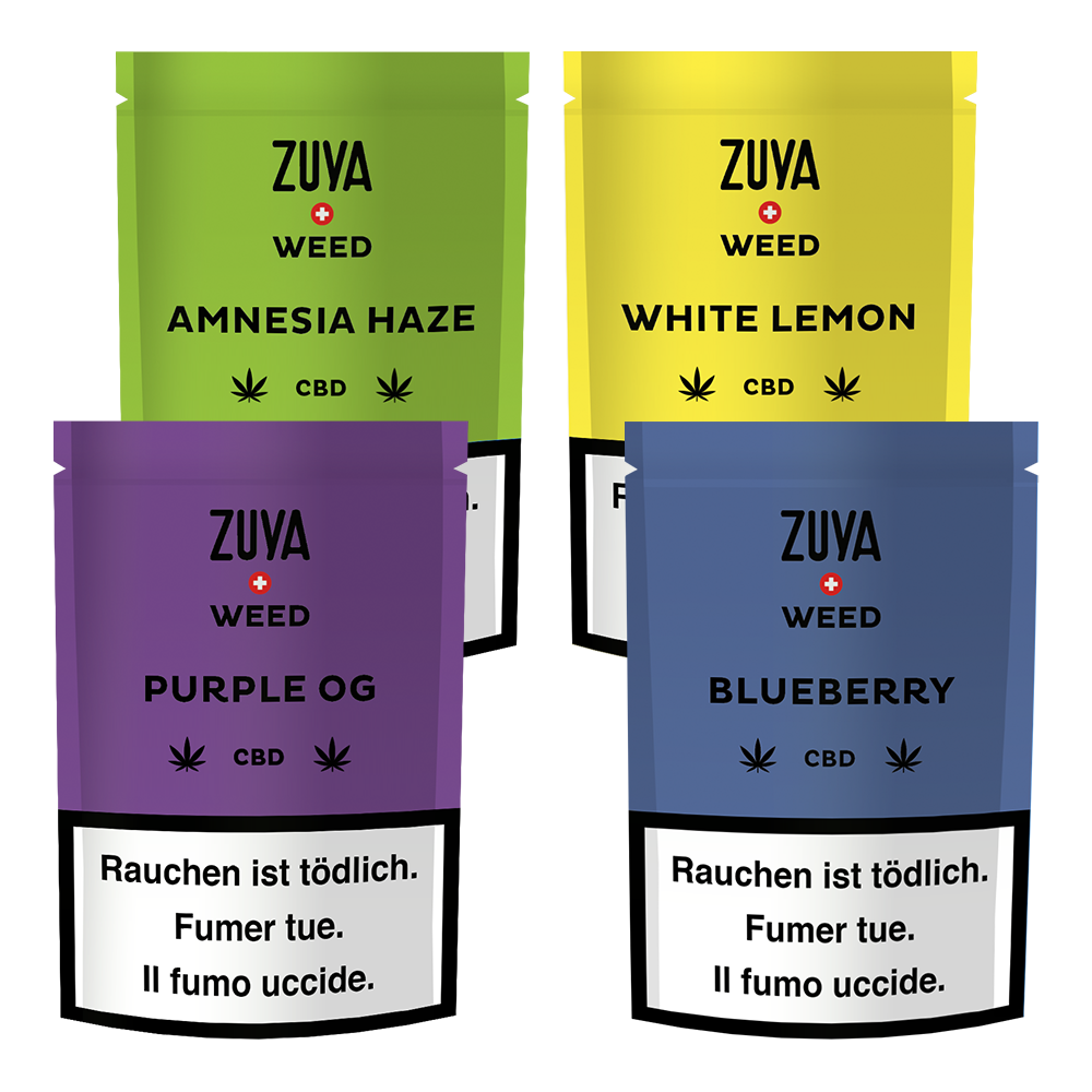 ZUYA Weed 4er Set BLUEBERRY, AMNESIA, PURPLE OG und WHITE LEMON “2g Pouches”